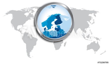 Afbeeldingen van World map with Scandinavia magnified by loupe